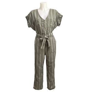 AMERICAN EAGLE Olive Green Striped Linen‎ Blend V neck Shortsleeve Jumpsuit XS